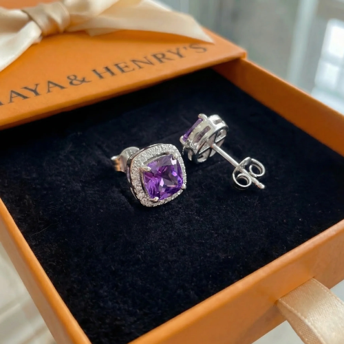 עגילי אמטיסט ריבועיים עם פאווה | זהב לבן
